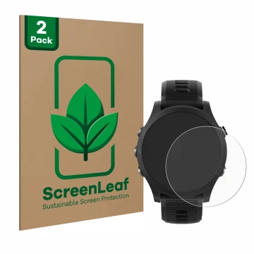Face avant d’un emballage produit avec le logo de la marque ScreenLeaf. À côté, l’appareil Garmin Forerunner 935 est représent