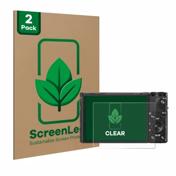 Face avant d’un emballage produit avec le logo de la marque ScreenLeaf. À côté, l’appareil Sony Cyber-Shot DSC-RX100 V est rep