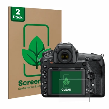 Face avant d’un emballage produit avec le logo de la marque ScreenLeaf. À côté, l’appareil Nikon D850 est représenté avec la p