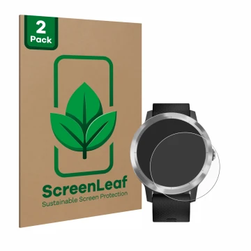 Face avant d’un emballage produit avec le logo de la marque ScreenLeaf. À côté, l’appareil Garmin vivoactive 3 est représenté 