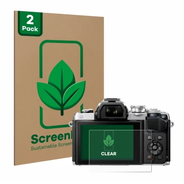 Face avant d’un emballage produit avec le logo de la marque ScreenLeaf. À côté, l’appareil Olympus OM-D E-M10 Mark III est rep