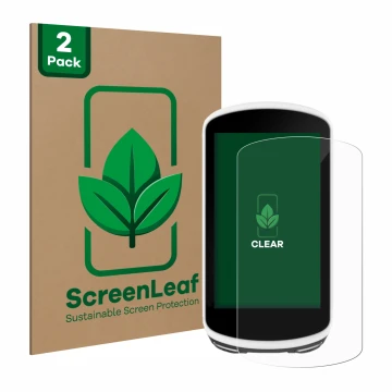 Face avant d’un emballage produit avec le logo de la marque ScreenLeaf. À côté, l’appareil Garmin Edge 1030 est représenté ave