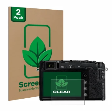 Face avant d’un emballage produit avec le logo de la marque ScreenLeaf. À côté, l’appareil Fujifilm X-E3 est représenté avec l