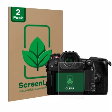 Face avant d’un emballage produit avec le logo de la marque ScreenLeaf. À côté, l’appareil Panasonic Lumix DC-G9 est représent