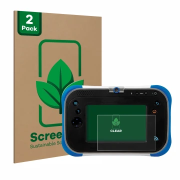 Face avant d’un emballage produit avec le logo de la marque ScreenLeaf. À côté, l’appareil Vtech Storio Max 2.0 est représenté