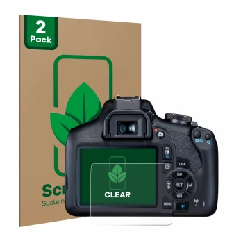 Face avant d’un emballage produit avec le logo de la marque ScreenLeaf. À côté, l’appareil Canon EOS 2000D est représenté avec
