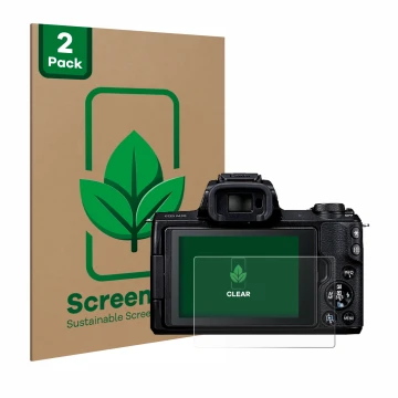 Face avant d’un emballage produit avec le logo de la marque ScreenLeaf. À côté, l’appareil Canon EOS M50 est représenté avec l
