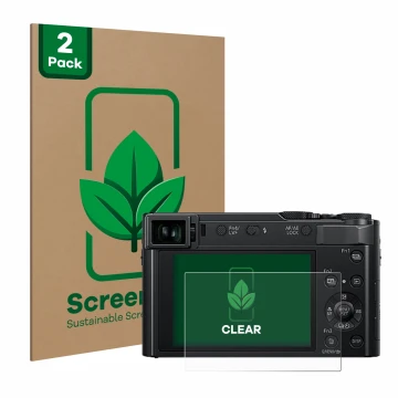 Face avant d’un emballage produit avec le logo de la marque ScreenLeaf. À côté, l’appareil Panasonic Lumix DC-TZ202 est représ
