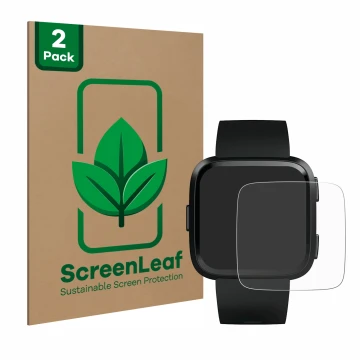 Face avant d’un emballage produit avec le logo de la marque ScreenLeaf. À côté, l’appareil Fitbit Versa est représenté avec la