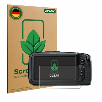 Face avant d’un emballage produit avec le logo de la marque ScreenLeaf. À côté, l’appareil Blackmagic Pocket Cinema Camera 4K 