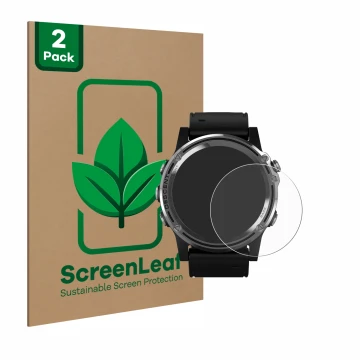 Face avant d’un emballage produit avec le logo de la marque ScreenLeaf. À côté, l’appareil Garmin Descent Mk1 est représenté a