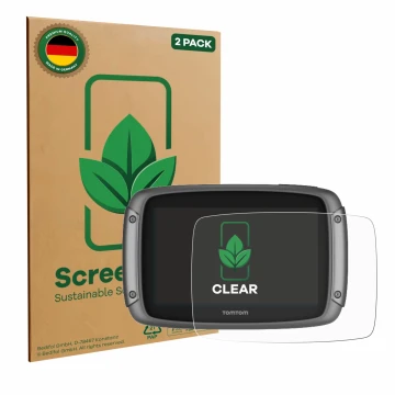 Face avant d’un emballage produit avec le logo de la marque ScreenLeaf. À côté, l’appareil TomTom Rider 500 est représenté ave