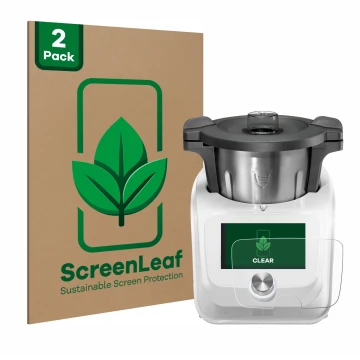 Face avant d’un emballage produit avec le logo de la marque ScreenLeaf. À côté, l’appareil SilverCrest Monsieur Cuisine Connec