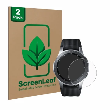 Face avant d’un emballage produit avec le logo de la marque ScreenLeaf. À côté, l’appareil Samsung Galaxy Watch (46 mm) est re