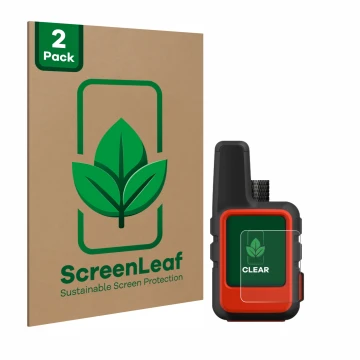 Face avant d’un emballage produit avec le logo de la marque ScreenLeaf. À côté, l’appareil Garmin inReach Mini est représenté 