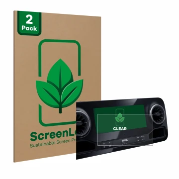 Face avant d’un emballage produit avec le logo de la marque ScreenLeaf. À côté, l’appareil Mercedes-Benz Sprinter 2018 MBUX 7
