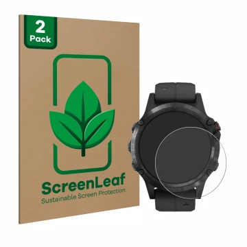 Face avant d’un emballage produit avec le logo de la marque ScreenLeaf. À côté, l’appareil Garmin Fenix 5 Plus (47 mm) est rep