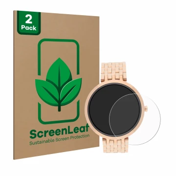 Face avant d’un emballage produit avec le logo de la marque ScreenLeaf. À côté, l’appareil Xlyne X-Watch Siona XW Fit est repr