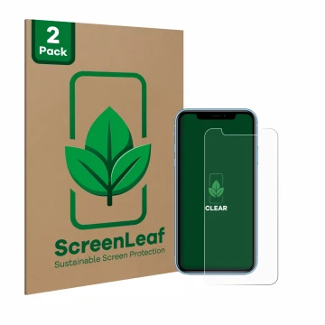 Face avant d’un emballage produit avec le logo de la marque ScreenLeaf. À côté, l’appareil Apple iPhone XR est représenté avec