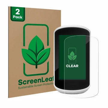 Face avant d’un emballage produit avec le logo de la marque ScreenLeaf. À côté, l’appareil Garmin Edge Explore 2018 est représ