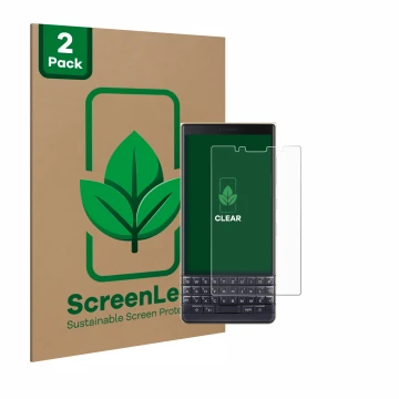 Face avant d’un emballage produit avec le logo de la marque ScreenLeaf. À côté, l’appareil BlackBerry Key2 LE est représenté a