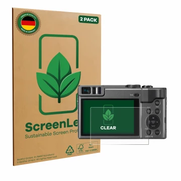 Face avant d’un emballage produit avec le logo de la marque ScreenLeaf. À côté, l’appareil Panasonic Lumix DC-TZ90 est représe