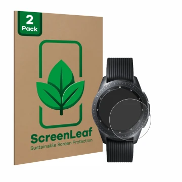 Face avant d’un emballage produit avec le logo de la marque ScreenLeaf. À côté, l’appareil Samsung Galaxy Watch (42 mm) est re