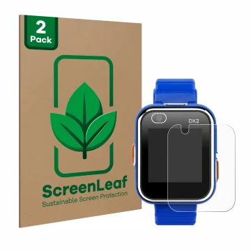 Face avant d’un emballage produit avec le logo de la marque ScreenLeaf. À côté, l’appareil Vtech Kidizoom Smart Watch DX2 est 