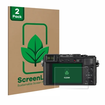 Face avant d’un emballage produit avec le logo de la marque ScreenLeaf. À côté, l’appareil Panasonic Lumix DC-LX100 II est rep