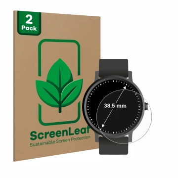 Face avant d’un emballage produit avec le logo de la marque ScreenLeaf. À côté, l’appareil Montres (Circulaire, ø: 38.5 mm) es