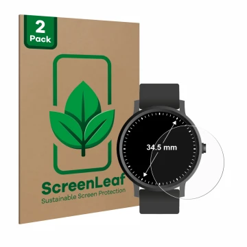 Face avant d’un emballage produit avec le logo de la marque ScreenLeaf. À côté, l’appareil Montres (Circulaire, ø: 34.5 mm) es