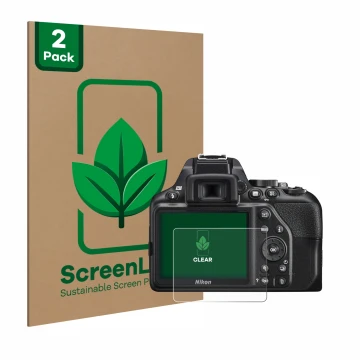 Face avant d’un emballage produit avec le logo de la marque ScreenLeaf. À côté, l’appareil Nikon D3500 est représenté avec la 