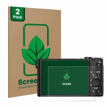 Face avant d’un emballage produit avec le logo de la marque ScreenLeaf. À côté, l’appareil Sony Cyber-Shot DSC-HX99 est représ
