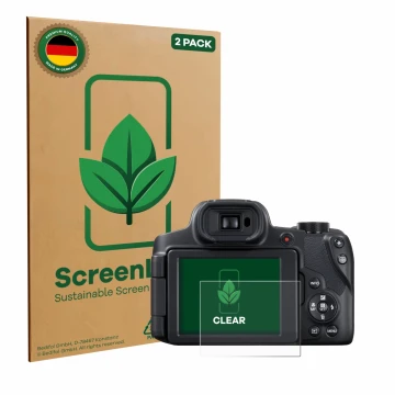 Face avant d’un emballage produit avec le logo de la marque ScreenLeaf. À côté, l’appareil Canon PowerShot SX70 HS est représe
