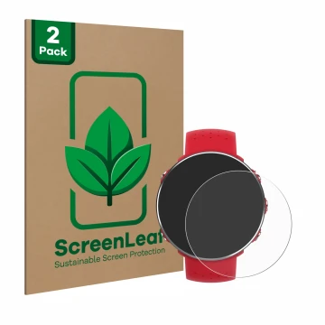 Face avant d’un emballage produit avec le logo de la marque ScreenLeaf. À côté, l’appareil Polar Vantage M est représenté avec