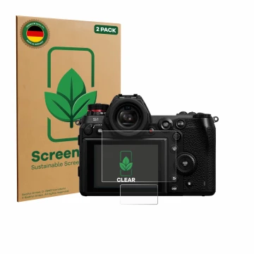 Face avant d’un emballage produit avec le logo de la marque ScreenLeaf. À côté, l’appareil Panasonic Lumix DC-S1 est représent
