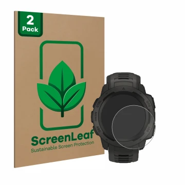 Face avant d’un emballage produit avec le logo de la marque ScreenLeaf. À côté, l’appareil Garmin Instinct est représenté avec