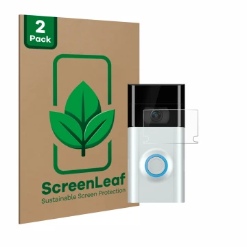 Face avant d’un emballage produit avec le logo de la marque ScreenLeaf. À côté, l’appareil Ring Doorbell 2 (Lentille) est repr