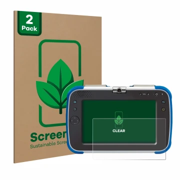 Face avant d’un emballage produit avec le logo de la marque ScreenLeaf. À côté, l’appareil Vtech Storio Max XL 2.0 est représe