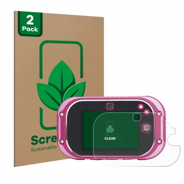 Face avant d’un emballage produit avec le logo de la marque ScreenLeaf. À côté, l’appareil Vtech Kidizoom Touch 5.0 2018 est r