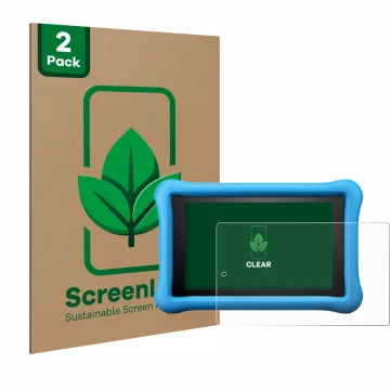 Face avant d’un emballage produit avec le logo de la marque ScreenLeaf. À côté, l’appareil Amazon Fire HD 8 Kids Edition 2018 