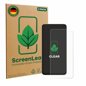 Face avant d’un emballage produit avec le logo de la marque ScreenLeaf. À côté, l’appareil Samsung Galaxy S10e est représenté 