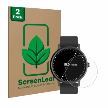 Face avant d’un emballage produit avec le logo de la marque ScreenLeaf. À côté, l’appareil Circulaire Displays (ø: 18 mm) est 