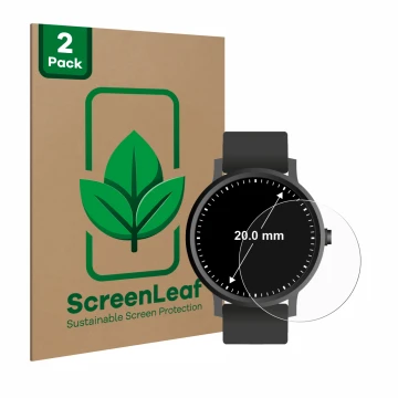 Face avant d’un emballage produit avec le logo de la marque ScreenLeaf. À côté, l’appareil Circulaire Displays (ø: 20 mm) est 