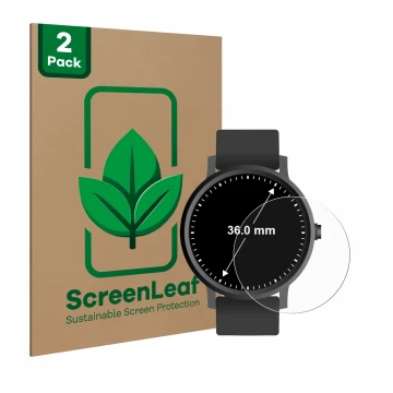 Face avant d’un emballage produit avec le logo de la marque ScreenLeaf. À côté, l’appareil Circulaire Displays (ø: 36 mm) est 
