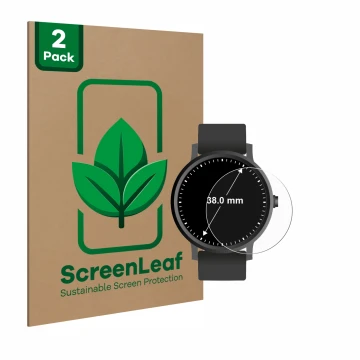 Face avant d’un emballage produit avec le logo de la marque ScreenLeaf. À côté, l’appareil Circulaire Displays (ø: 38 mm) est 