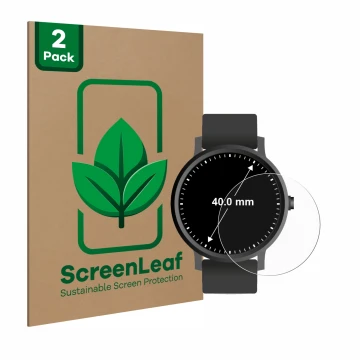 Face avant d’un emballage produit avec le logo de la marque ScreenLeaf. À côté, l’appareil Circulaire Displays (ø: 40 mm) est 