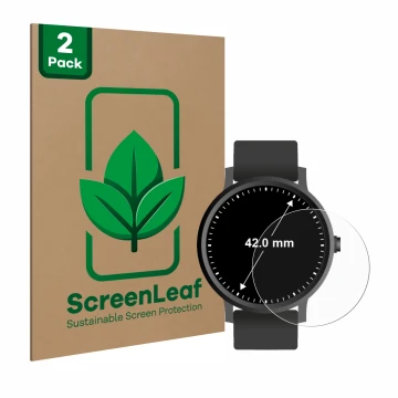 Face avant d’un emballage produit avec le logo de la marque ScreenLeaf. À côté, l’appareil Circulaire Displays (ø: 42 mm) est 