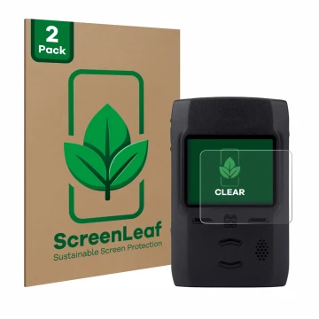 Face avant d’un emballage produit avec le logo de la marque ScreenLeaf. À côté, l’appareil Motorola Advisor TPG2200 est représ