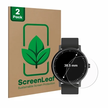 Face avant d’un emballage produit avec le logo de la marque ScreenLeaf. À côté, l’appareil Circulaire Displays (ø: 38.5 mm) es